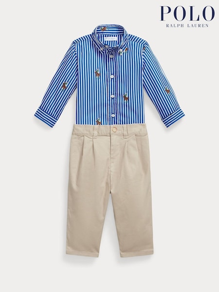 Polo Ralph Lauren Blue Baby Boy Stripe Poplin Shirt and Chino Trousers Set (H97631) | €193