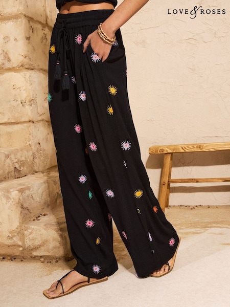 Love & Roses Black Sun Embroidered Wide Leg Beach Trousers (H97788) | AED178