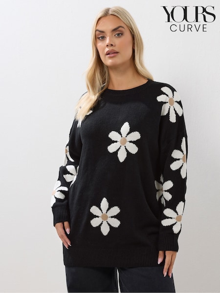 Yours Curve Black Conversational Flower Print Jumper (H97983) | 158 QAR