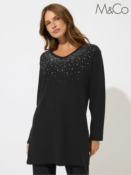 M&Co Black Diamonte Trim V-Neck Tunic Jumper (H97993) | €50