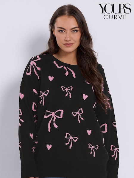 Yours Curve Black All-Over Print Bow Jumper (H97995) | 158 QAR