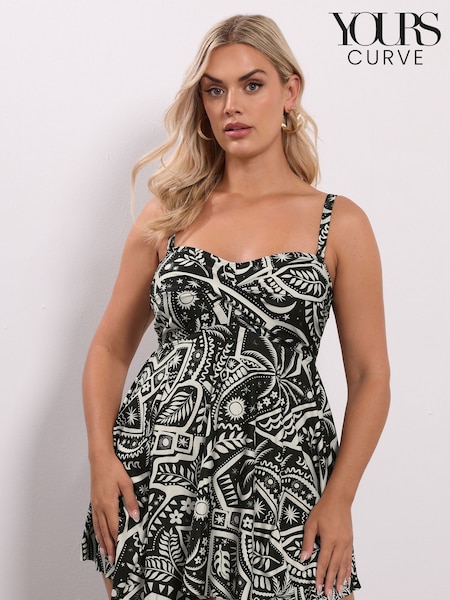 Yours Curve Black Postcard Twist Hanky Hem Tankini (H98035) | €45
