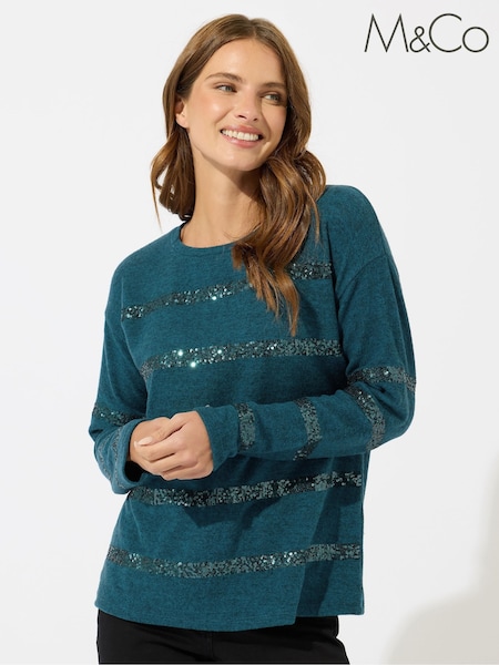 M&Co Green Sequin Stripe Jumper (H98038) | €51