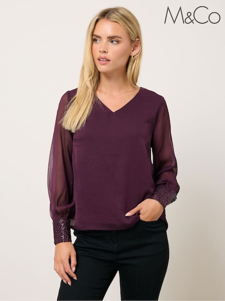 M&Co Purple Petite Sequin Cuff Blouse (H98249) | €42