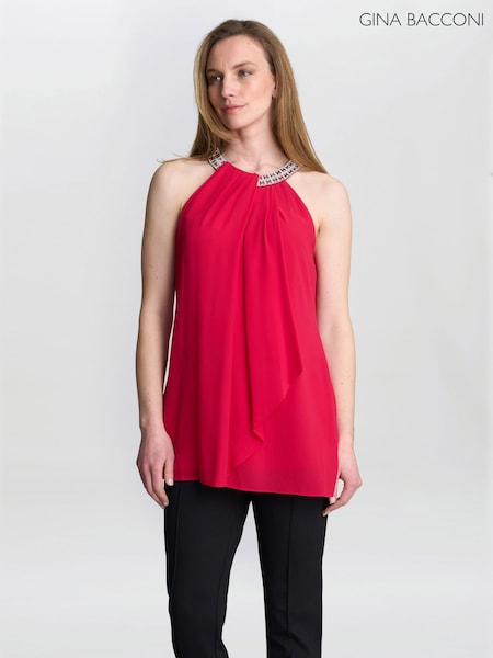 Vermelho - Gina Bacconi Red Elle Halter Top With Beaded Neck (H98269) | R$ 1.285