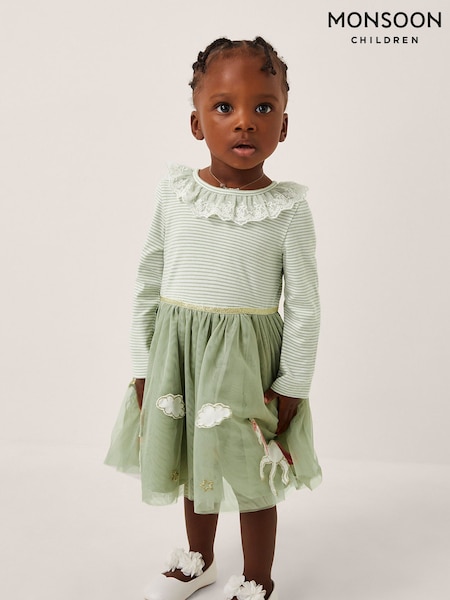 Monsoon Green Baby Stripe Unicorn Tulle Dress (H98484) | €48 - €54