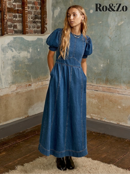 Ro&Zo Blue Petite Denim Puff Sleeve Midi Dress (H98516) | €183