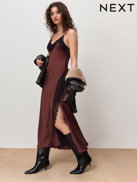 بني - Strappy Satin Cami Midi Dress With Lace Trim (H98627) | ‏206 د.إ.‏