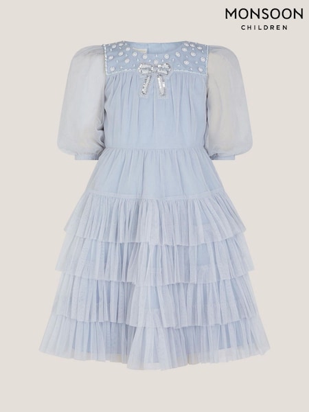 Monsoon Blue Long Sleeve Bow Beaded Ruffle Dress (H99235) | AZN 120 - AZN 145