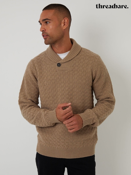 Threadbare Brown Basket Stitch Knitted Shawl Neck Jumper (H99417) | 166 QAR