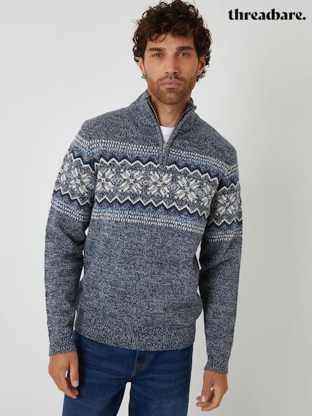 Threadbare Blue Fairisle Knitted Quarter Zip Jumper (H99427) | AED173