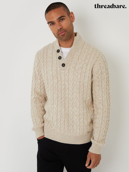 Threadbare Natural Mock T-Shirt Funnel Neck Cable Knit Jumper (H99449) | R$ 325