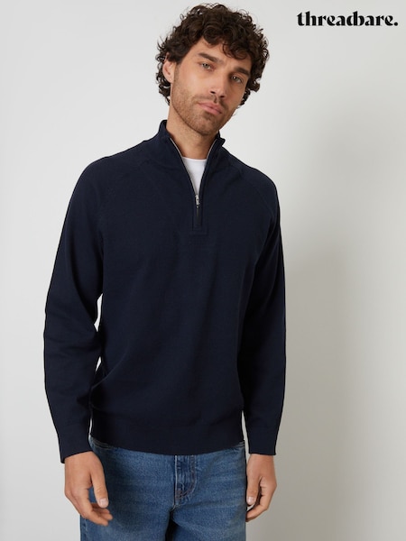 Threadbare Blue Mock T-Shirt Textured Knit Quarter Zip Jumper (H99453) | €41