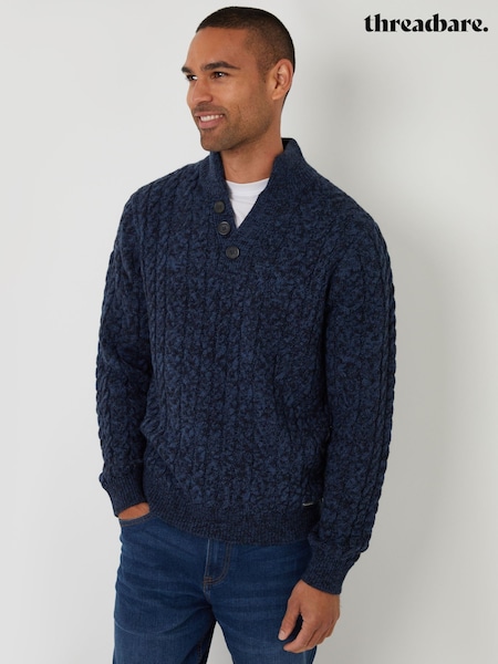 Threadbare Blue Mock T-Shirt Funnel Neck Cable Knit Jumper (H99483) | €37