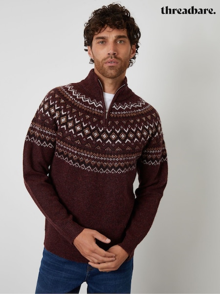Threadbare Red Fairisle Quarter Zip Knitted Jumper (H99484) | AED173