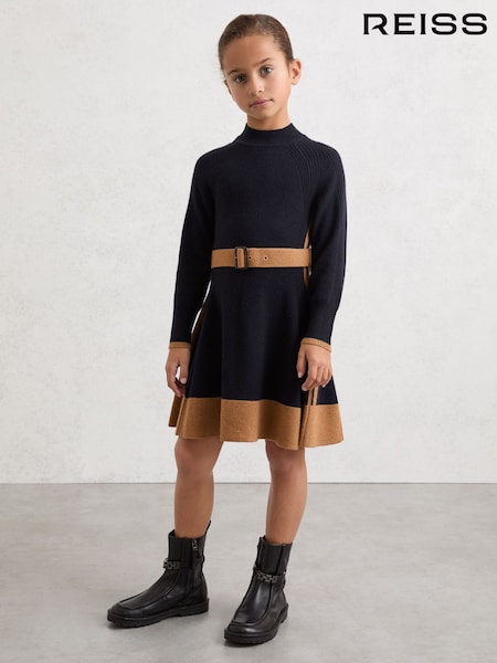 Reiss Navy Margaret Wool-Blend Belted Knitted Dress with Cashmere (H99977) | €119