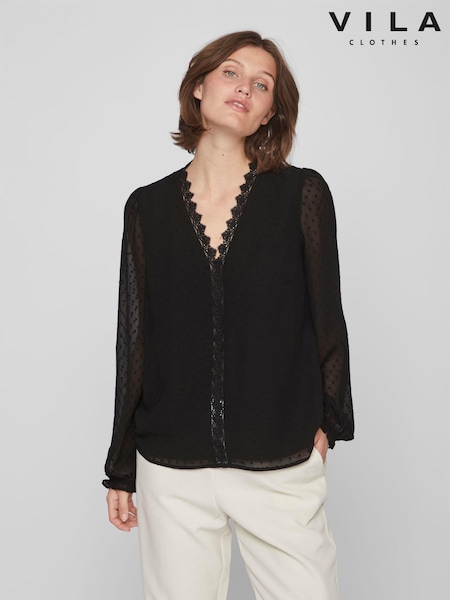 VILA Black V Neck Lace Dobby Blouse (K06237) | €18.50