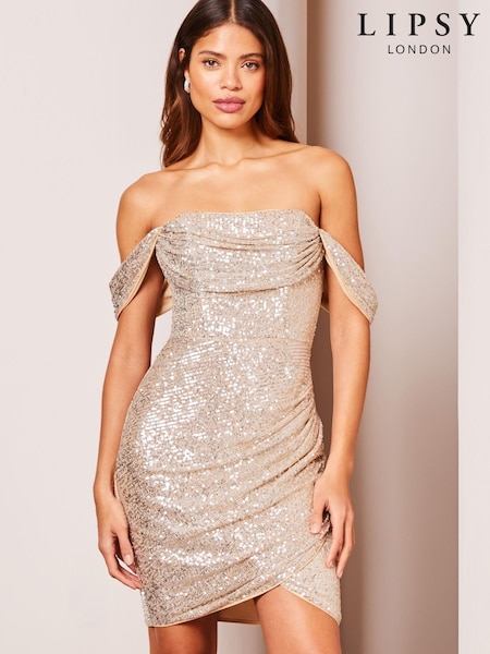 Цвет шампанского - Lipsy Petite Sequin Bardot Split Wrap Mini Dress (K07512) | €38
