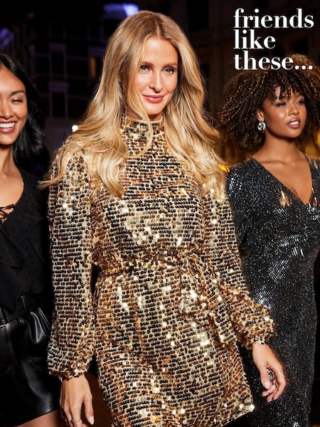 Friends Like These Gold Belted Long Sleeve Sequin Mini Dress (K07523) | €7