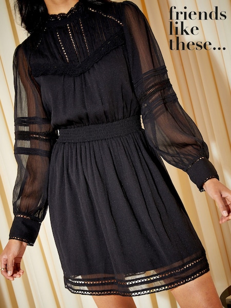 Friends Like These Lace Trim Long Sleeve Chiffon Mini Dress (K07535) | €15
