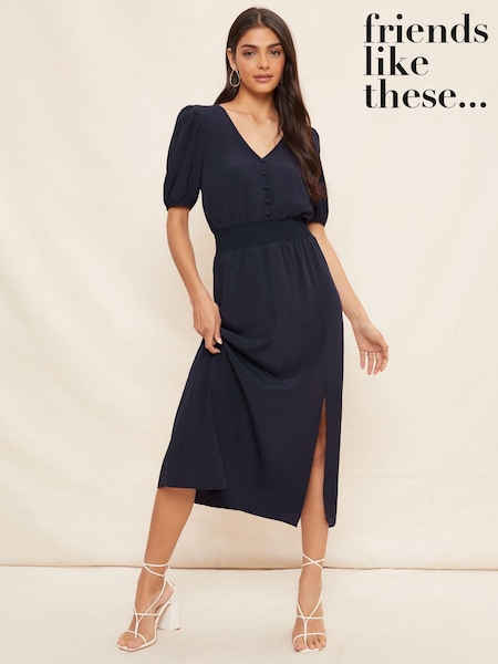 Friends Like These Navy Puff Sleeve Ruched Waist V Neck Midi Dress (K07538) | €30