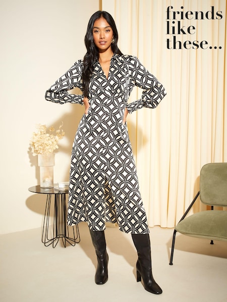 Friends Like These Black/White Empire V Neck Collared Long Sleeve Midi Dress (K07569) | € 17