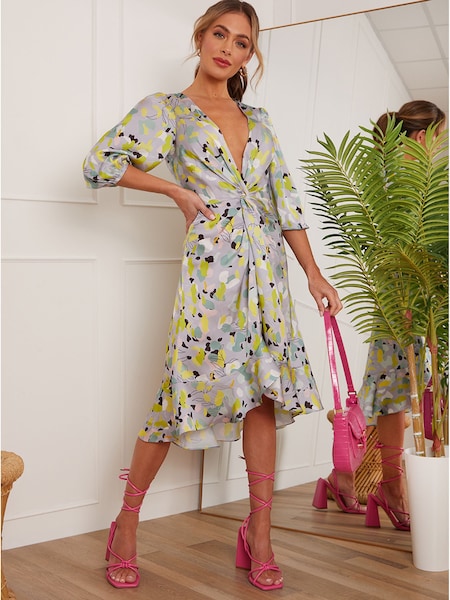 Chi Chi London Silver & Yellow Twist Front Abstract Midi Summer Dress (K08009) | €39