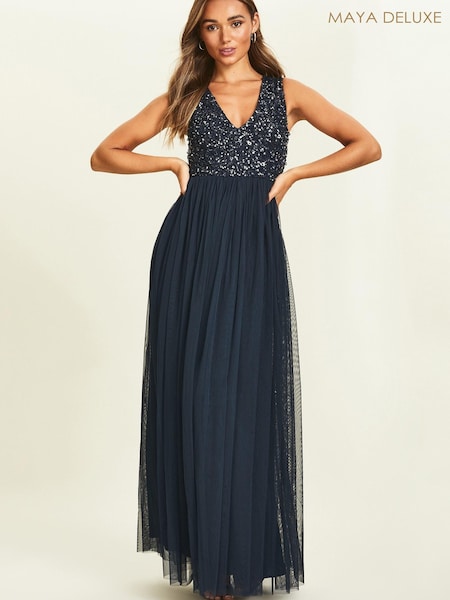 Темно-синий - Maya V Neck Sequin Bodice Sleeveless Maxi Dress (K08293) | €47