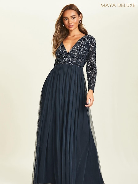Bleumarin albastru - Maya Wrap Long Sleeve Sequin Maxi Dress (K08299) | 340 LEI