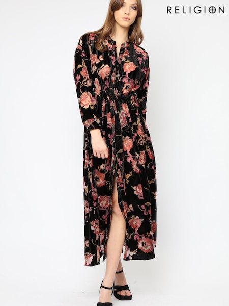 Religion Floral Velvet Energy Shirt Dress With Tie Waist (K08714) | €91