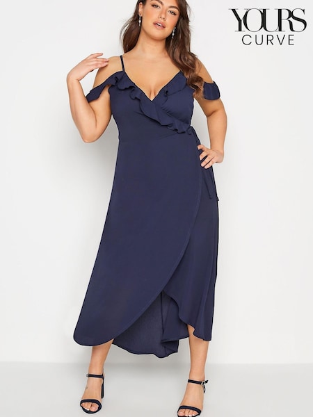 Синий - Yours Curve London Ruffle Wrap Cold Shoulder Maxi Dress (K08951) | €23