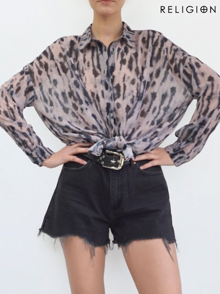 Religion Grey Print Oversized Sheer Boxy Maxi Shirt (K09190) | €16