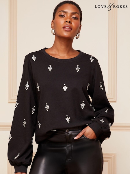 Love & Roses Black All over Beaded Embellished Sweatshirt (K09412) | €33