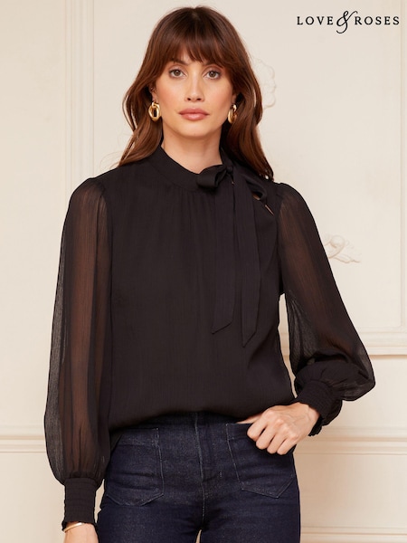 Schwarz - Love & Roses Long Sleeve Tie Neck Shirred Cuff Blouse (K13672) | 27 €