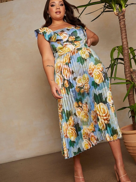 Chi Chi London Blue Curve Ruffle Floral Print Midi Dress (K14221) | €50