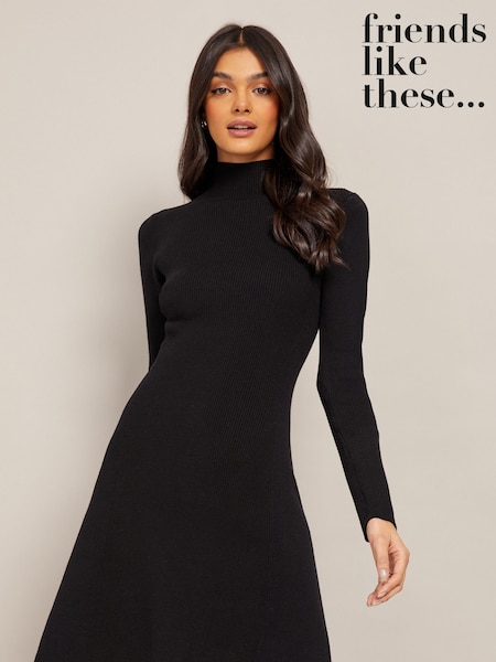 Negru - Rochie midi tricotată Friends Like These Mânecă lungă fit and Evazat (K15081) | 161 LEI