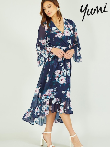 Yumi Blue Watercolour Floral Dip Hem Midi Dress (K16660) | €38