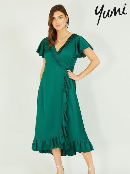 Yumi Green Satin Wrap Midi Dress (K16665) | €46
