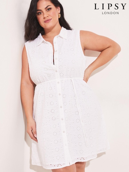 Lipsy White Broderie Curve Sleeveless Tie Waist Mini Shirt Dress (K16958) | €22
