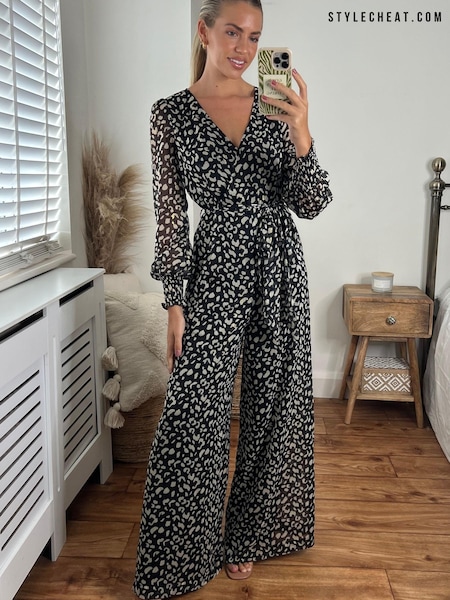 Style Cheat Black/White Carly Wide Leg Wrap Jumpsuit (K17383) | €37