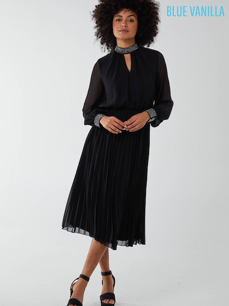 Blue Vanilla Diamante Collar Pleated Skirt Midi Dress (K18167) | €26