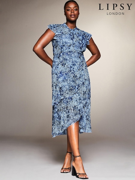 Lipsy Blue Curve Printed Keyhole Ruffle Fit and Flare Midi Dress (K18874) | 84 QAR