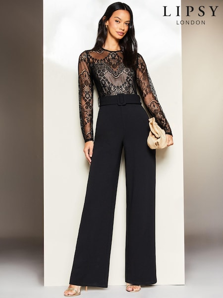 Lipsy Black Wide Leg Long Sleeve Lace Sweetheart Belted Jumpsuit (K19533) | €39