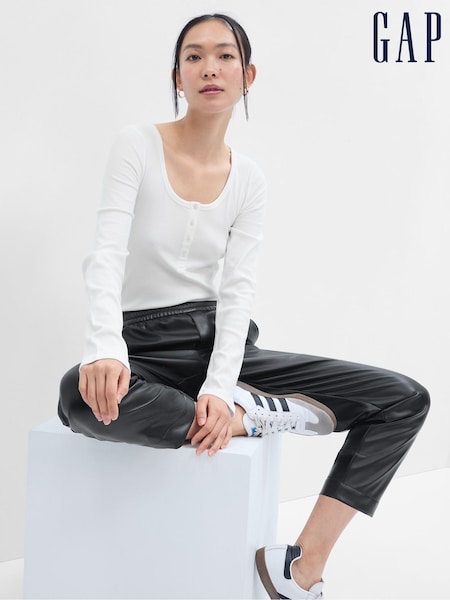Gap White Ribbed Henley Button Long Sleeve Scoop Neck T-Shirt (K21121) | €13.50