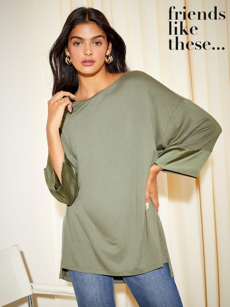 Friends Like These Khaki Green Soft Jersey Long Sleeve Satin Trim Tunic Top (K22679) | €15