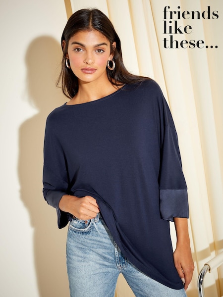 Friends Like These Navy Blue Soft Jersey Long Sleeve Satin Trim Tunic Top (K22681) | $44