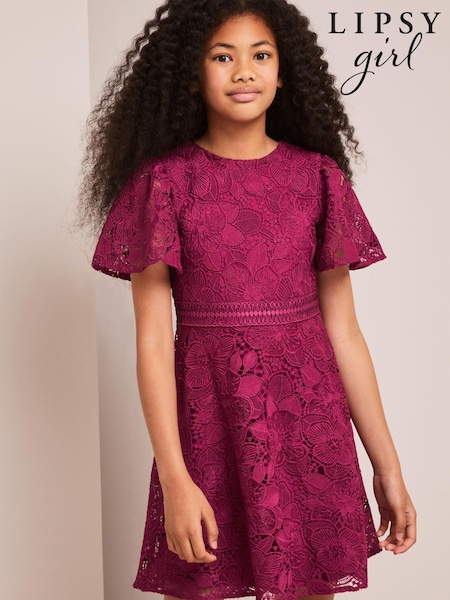 Beerenrot - Lipsy Spitzenkleid für besondere Anlässe mit Flatterärmeln (K22748) | 35 € - 41 €