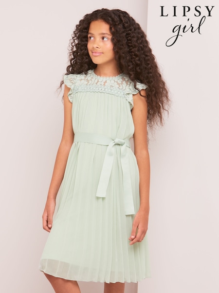 Lipsy Sage Green Lace Yolk Pleated Occasion Dress (K22796) | € 26 - € 31
