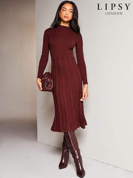 Lipsy Berry Red Long Sleeve Fit and Flare Cable Knitted Dress (K22865) | €48