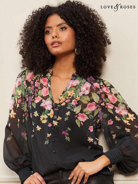 Negru cu flori - Bluză cu mânecă bufantă și imprimeu Love & Roses Guler în V (K22999) | 139 LEI